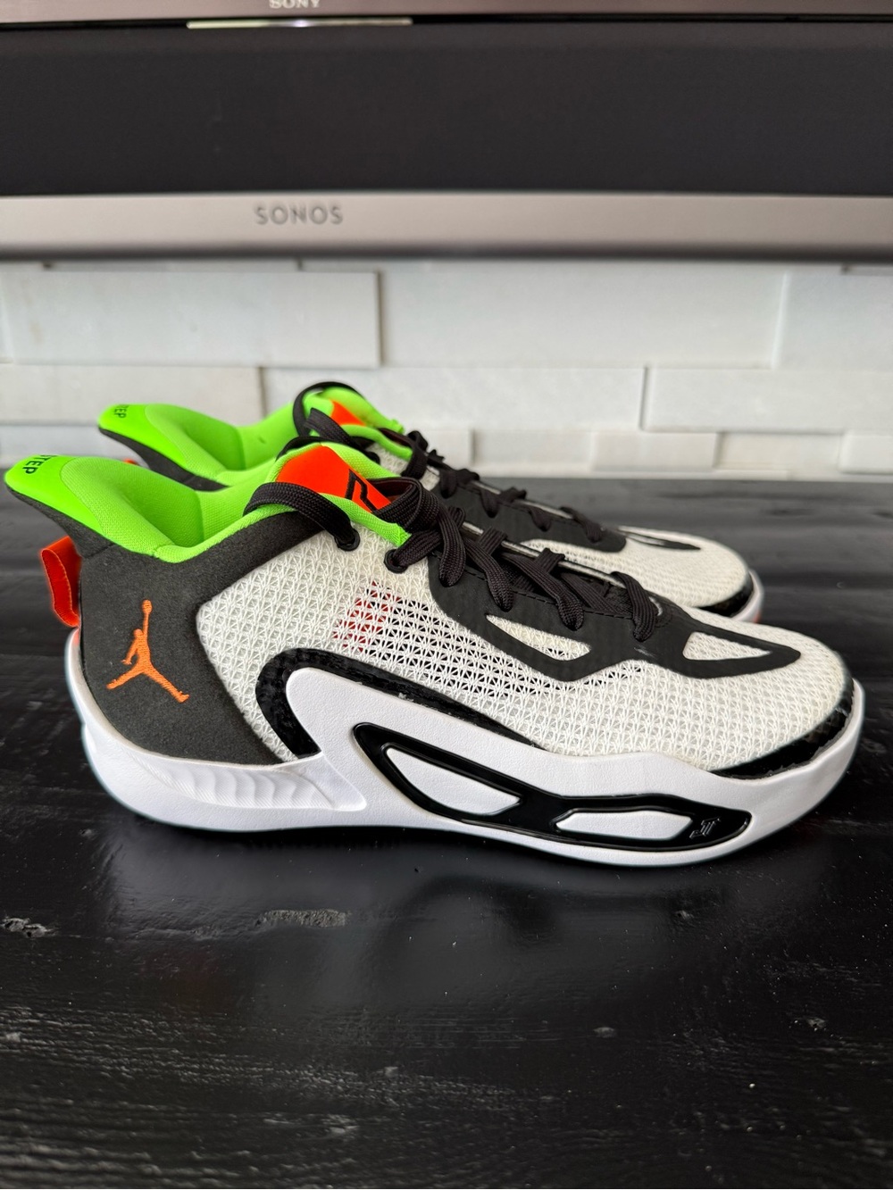 Jordan Kids Sneakers in White, Black & Neon Green with Orange Logo